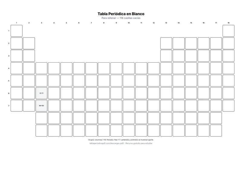 Tabla periódica en blanco con las 118 casillas vacías para rellenar a mano, en blanco y negro y lista para imprimir